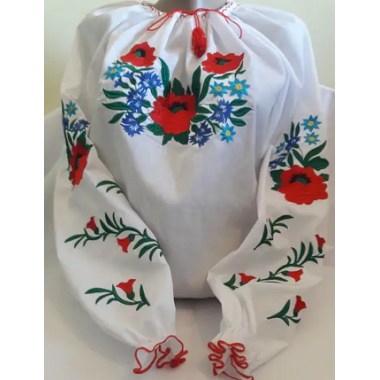 Сорочка вишита 56р 4XL "Волошки" д/р Поплін білий (вишивка-Різн.)		