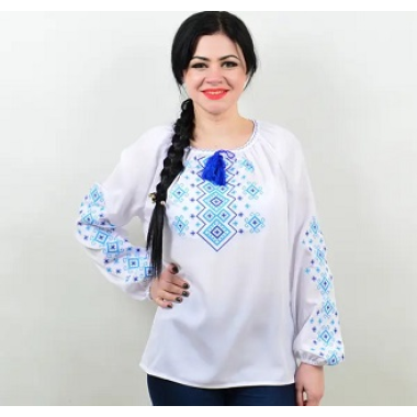 Сорочка вишита 56р 4XL "Орнамент" д/р Поплін білий (вишивка-Синій)		