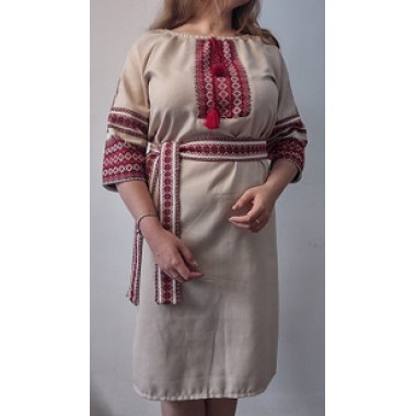 Сукня 48-50 р. тканий орнамент червоний,вишитий пояс,світло-коричневий